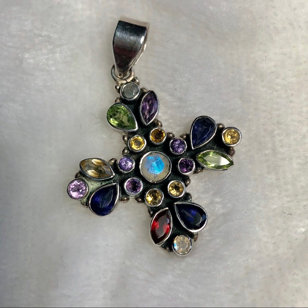 Sterling Multicolored Stone Cross Pendant